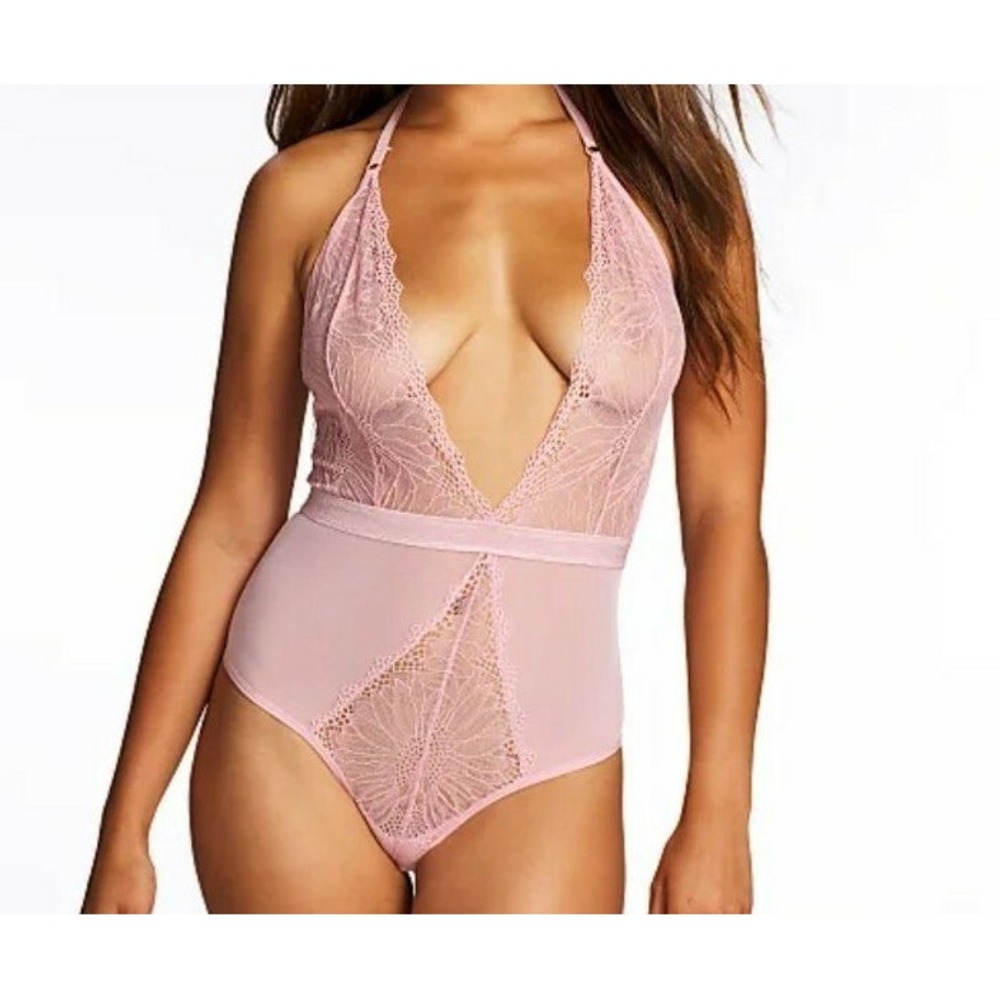 Frederick's Hollywood Saffron Teddy Bodysuit Pink Lace Halter NWT Large Sexy - Picture 2 of 8